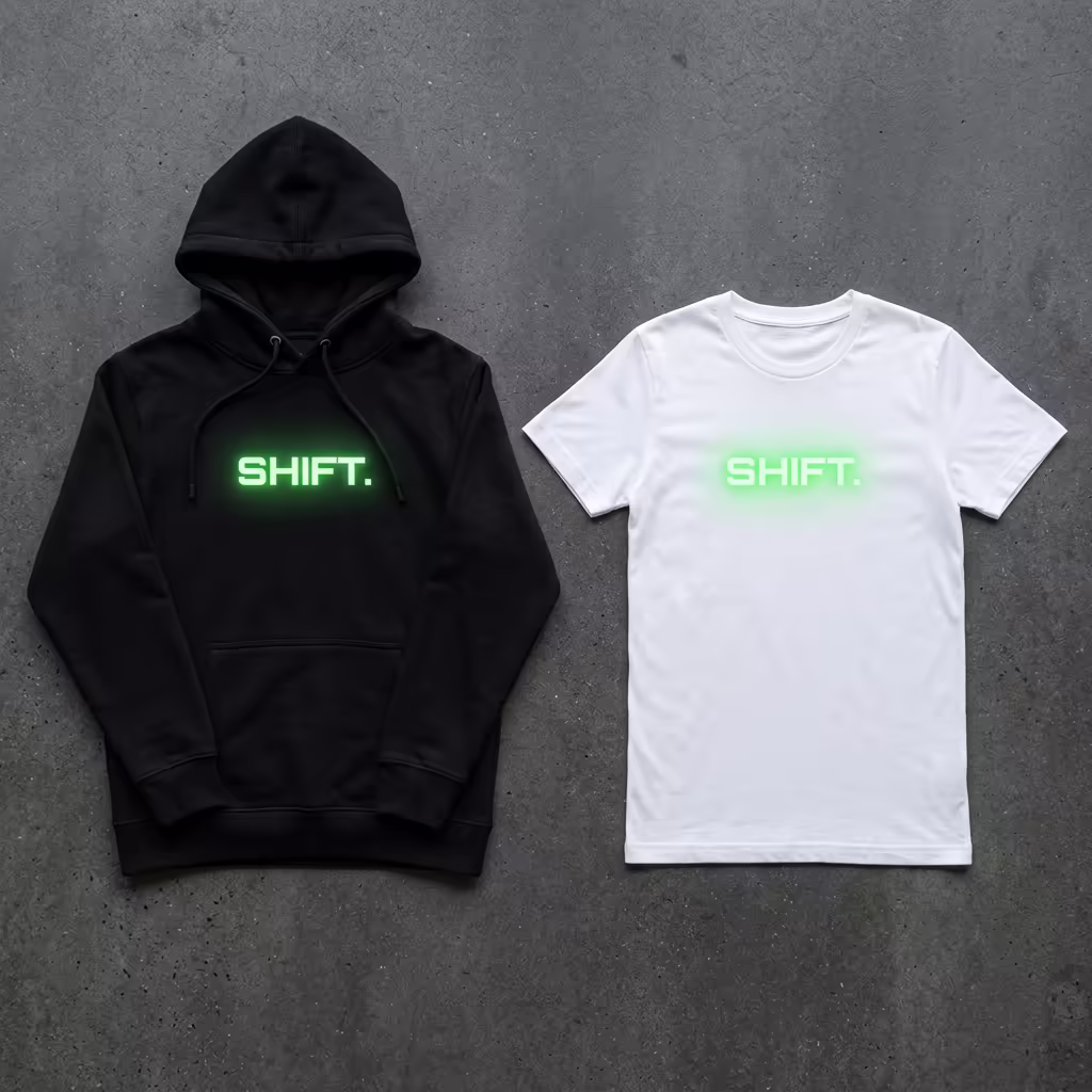 SHIFT official brand merchandise mockup hoodie and t-shirt
